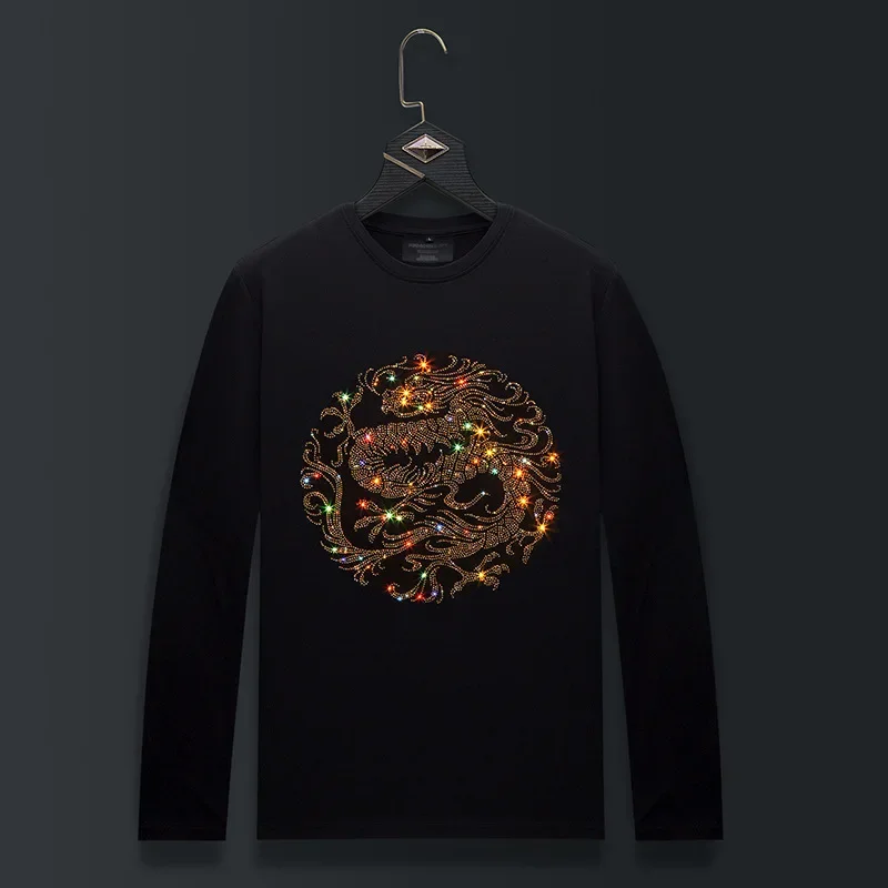

Plus Size O Neck Long Sleeve T Shirts Men Tops Dragon Rhinestones Fashion Streetwear Slim Modal Cotton Tshirts Mens Clothing