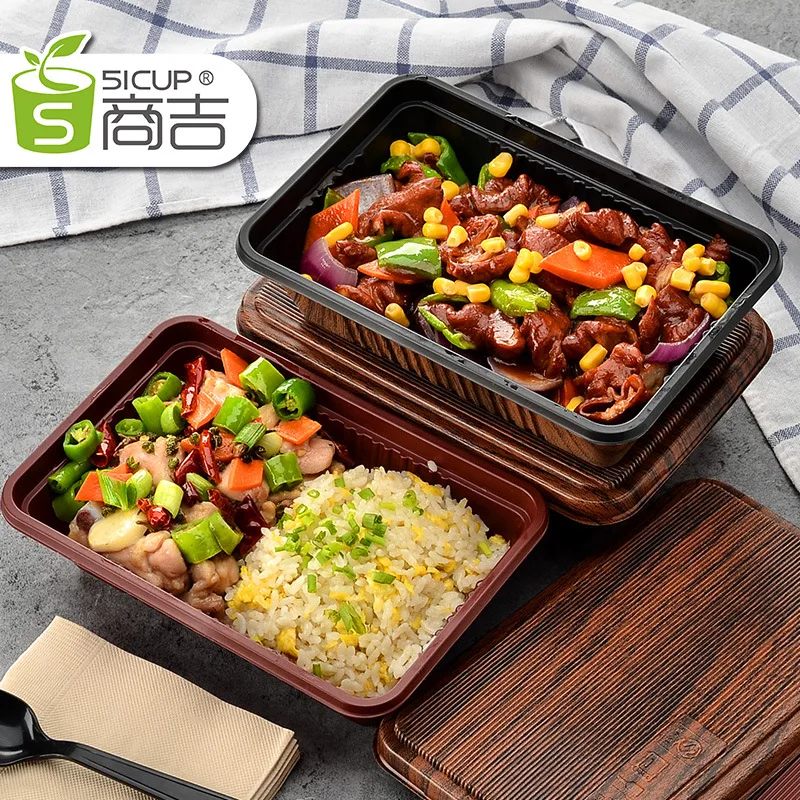 Custom. Shanghai Shangji 800ml Rectangular Wood Grain Lunch Box Disposable Lunch Box Takeout Packing Box Bento Plastic Lunch Box