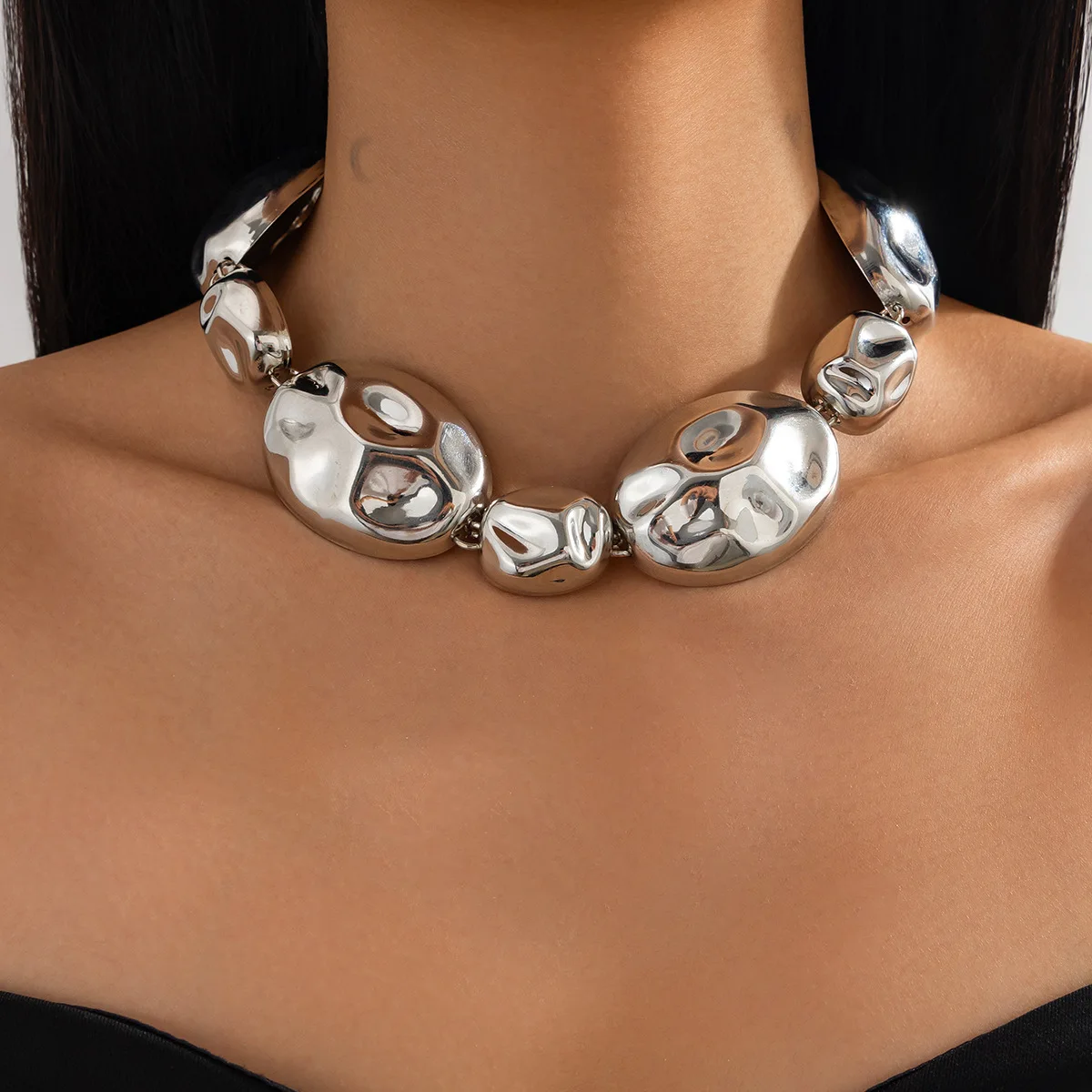 KMVEXO Vintage Choker Necklaces Earrings Set For Women Punk Irregular Glossy Metal Gold Silver Color New Hip Hop Jewelry Set