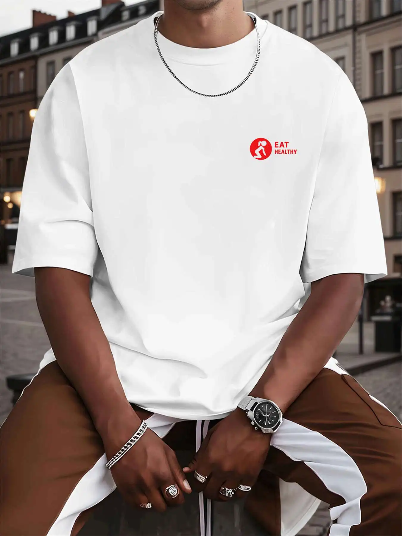 أكل نمط الحياة الصحي المحملة موضة تي شيرت مطبوع الرجال 220 جرام جديد الصيف الرياضة موضة مطبوعة القطن الخالص قصيرة الأكمام تي شيرت