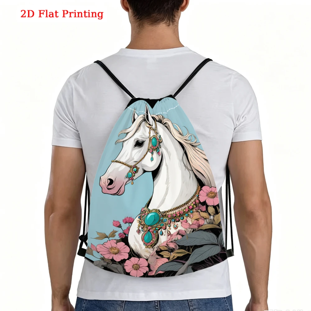Bohemian Drawstring Backpack White Horse Turquoise Jewelry Pink Flowers Print Fitness Sports Outdoor Travel Bag
