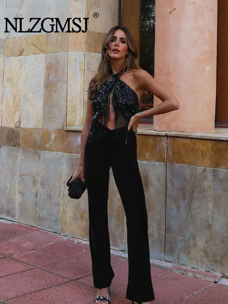 

Nlzgmsj TRAF 2024 Black Sequin Jumpsuit Women Velvet Halter Backless Long Jumpsuits Woman Elegant Party Jumpsuit For Women