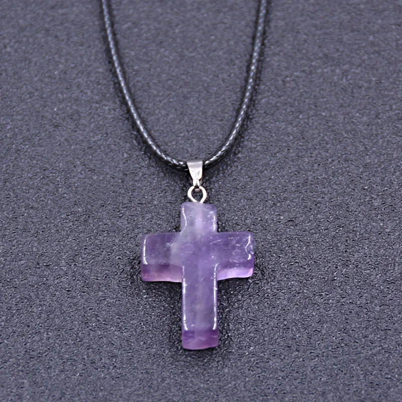 Tiny Natural Stone Turquoise Opal Cross Pendant Necklace With Stones Women Leahter Chain Choker Female Jewelry Party Girls Gift