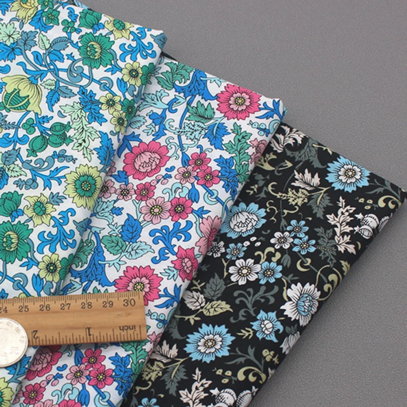 Liberty Fabric Cotton Poplin Printed Black Green Red Cloth for Sewing Summer Thin Clothes by Half Meter