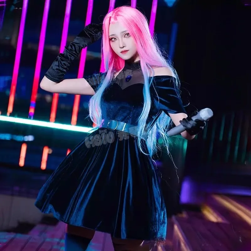 Anime Alien stage Mizi Cosplay Costume Stage Velvet Dress Pink Gradient Blue Purple Long Wig Suit for Women Roleplay Outfits