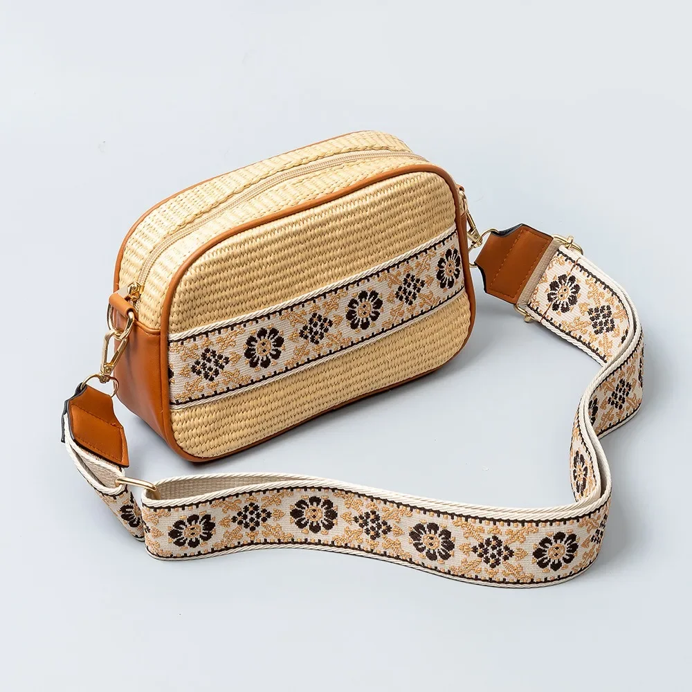 Boho Straw Crossbody Sling Bags Women Casual Vintage Hand Woven Guitar Strap Shoulder Bag Girld Fashion Versatile Handbags