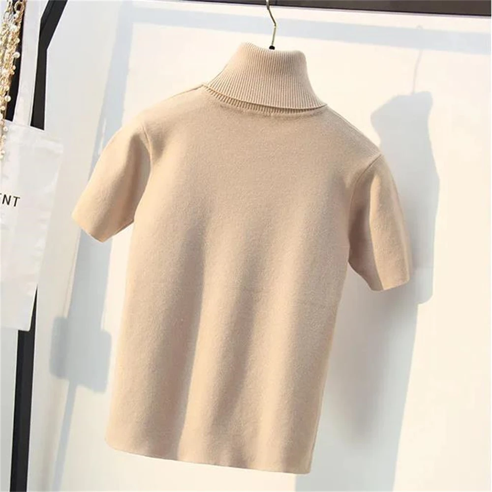 Autumn Winter Turtleneck Knitted Tops Women Short Sleeve T shirt Pullovers White Back T-shirt Tee Shirt Femme Tshirt Knitwear