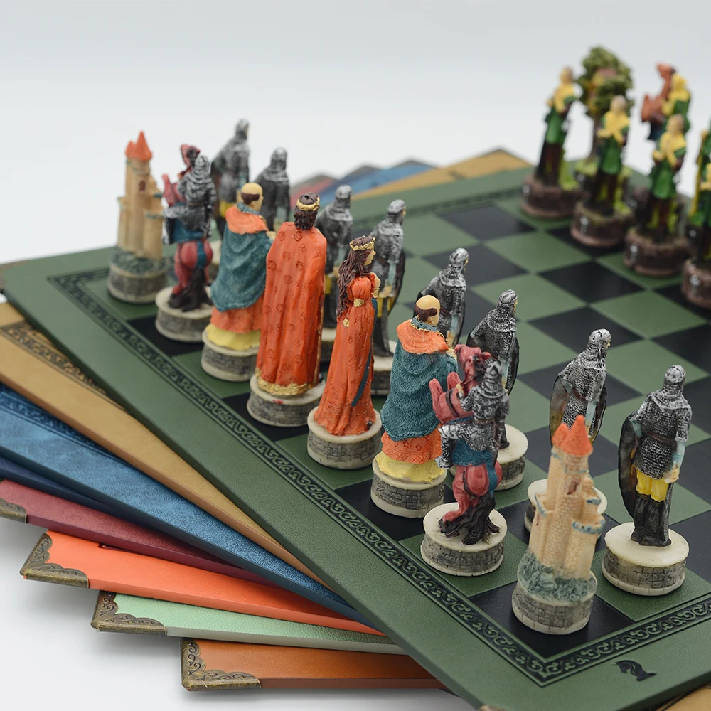 Robin Hood Theme Character Chess Set Chess and Card Game Resin Luxury with Chessboard Painted Collection Table Gift Box