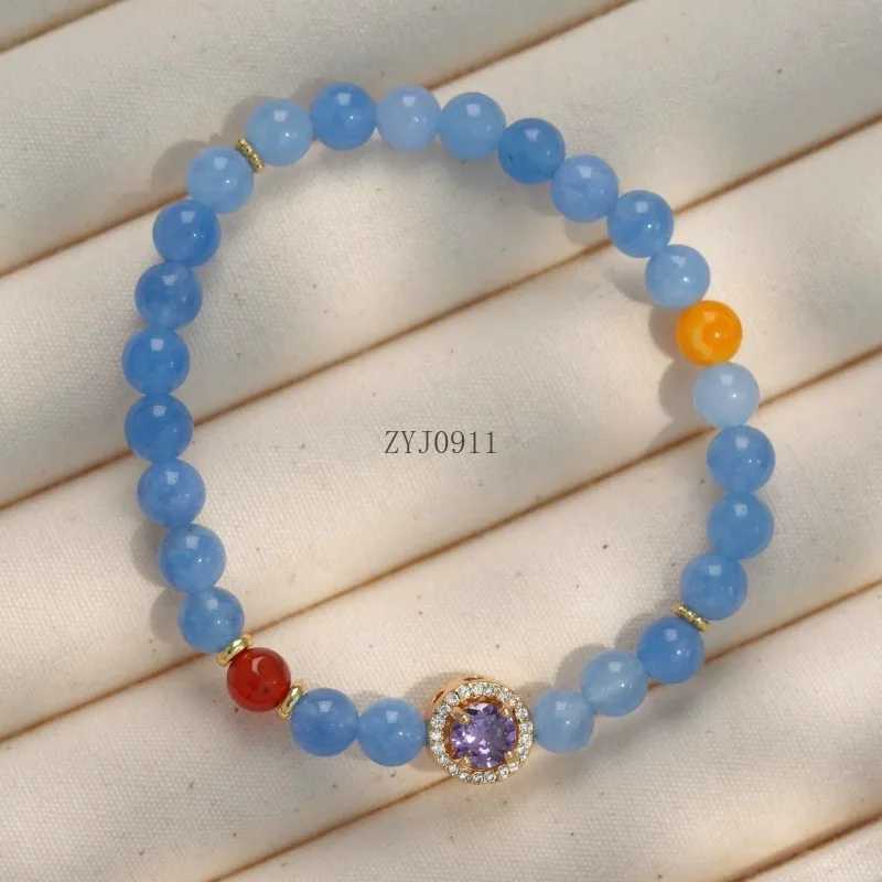 [Blue Night Firefly] Pulseira de ágata aquamarina feminina novo estilo chinês nicho branco e frio versátil
