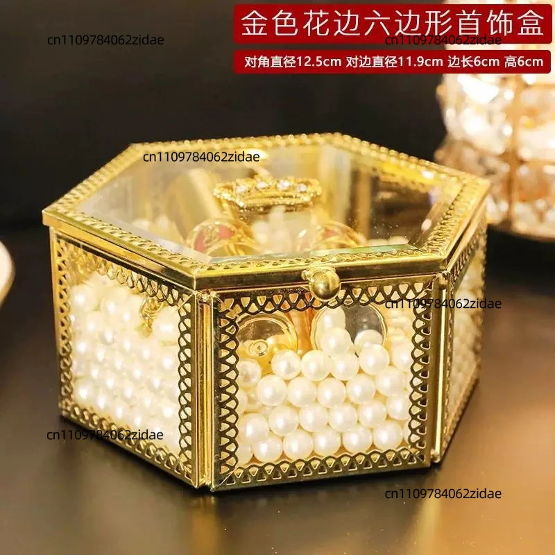 For Luxury Golden Crown Hexagonal Glass Jewelry Box Medium Size Ring Earring Storage Case Decor Gift