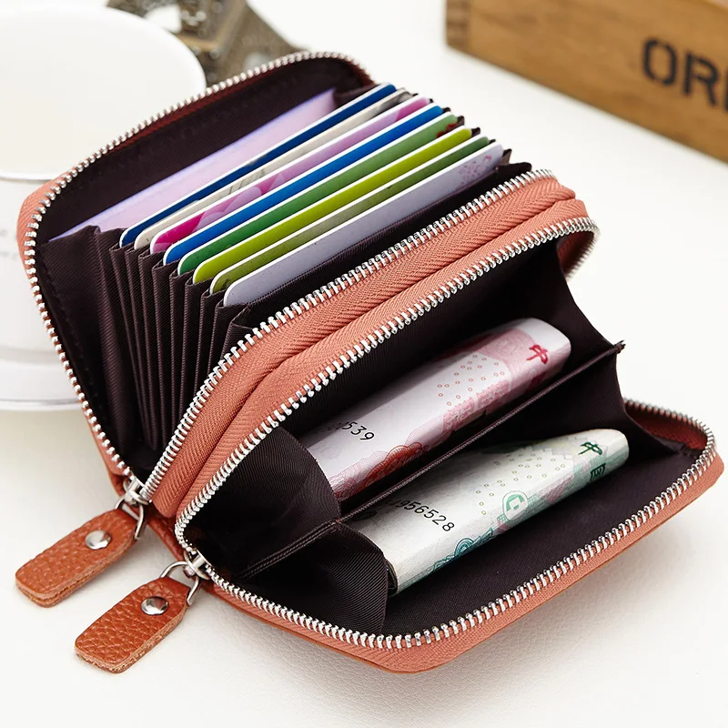 Western Cowhide Leather Organ Card Holder Double Zipper Multi Card Slots Coin Purse for Women