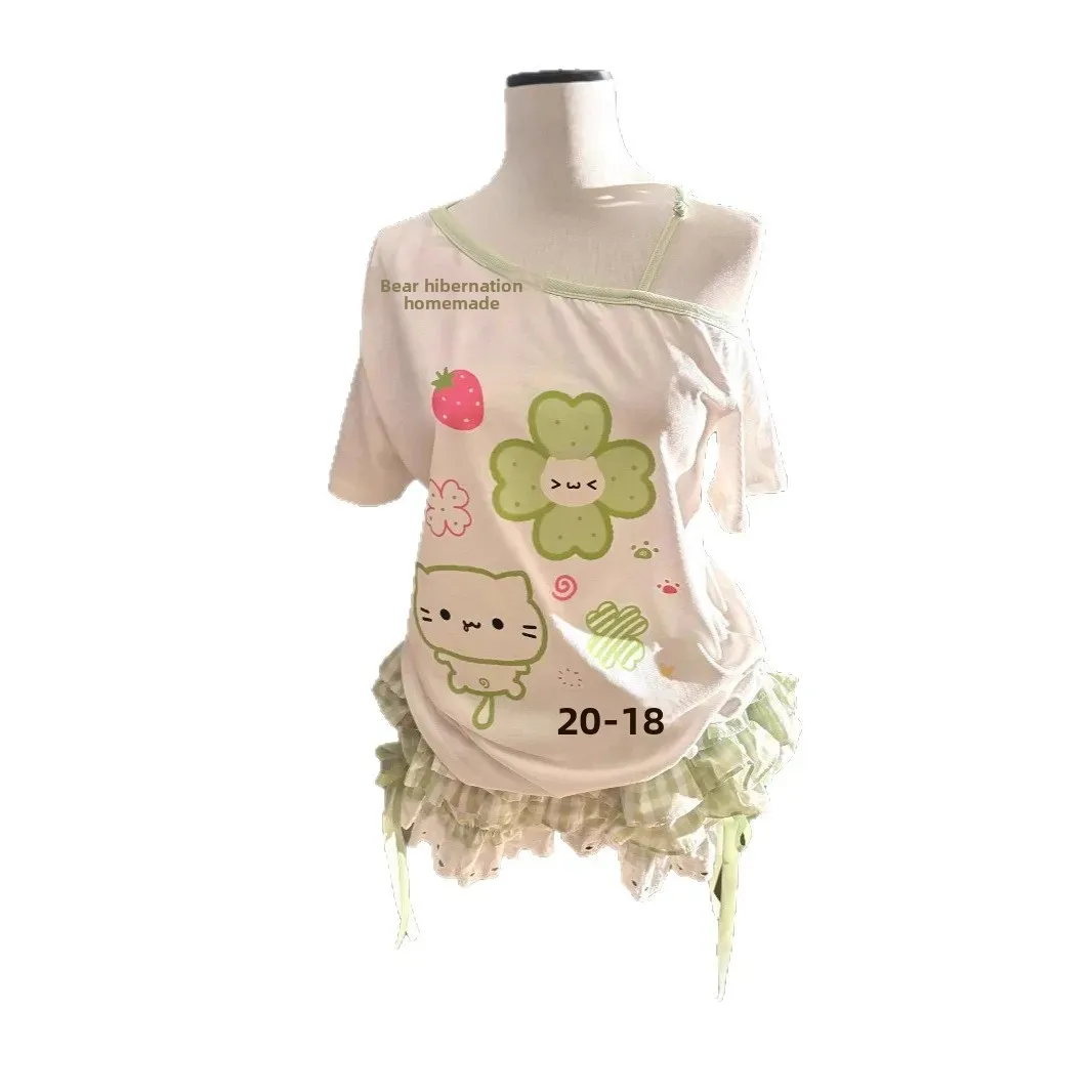 لطيف الحلو النمط الياباني أربع أوراق البرسيم الكتف عارية قصيرة الأكمام تي شيرت المرأة الصيف كسول الطازجة اللون الاصطدام التخسيس #5