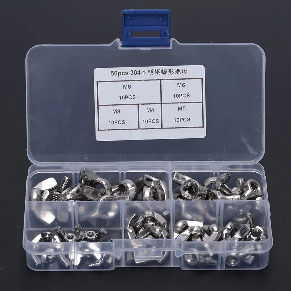 50Pcs Wing Nuts Assortment Kit – 304 Stainless Steel, DIN 315, Hand Twist Hardware Fasteners – Choose Size: M3, M4, M5, M6, M8, Or M10