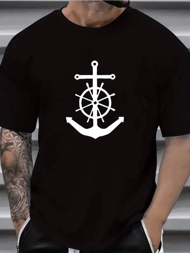 Mens Nautical Anchor Wheel Graphic Print Short Sleeve Cotton Tee Vintage Sailor Loose Summer Outdoor Soft Basic Casual T Shirt