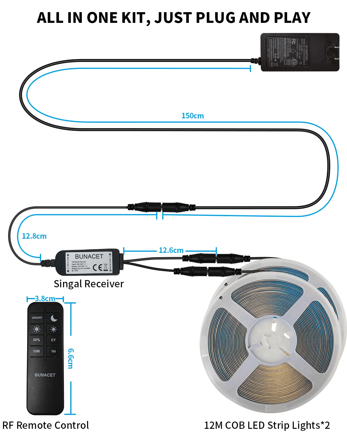 Lampu Strip LED COB 80 Kaki/24M 24V 12M/Roll Putih Hangat Dapat Diredupkan 3000K Lumen Tinggi CRI 90 + dengan Lampu LED Jarak Jauh RF untuk Dapur