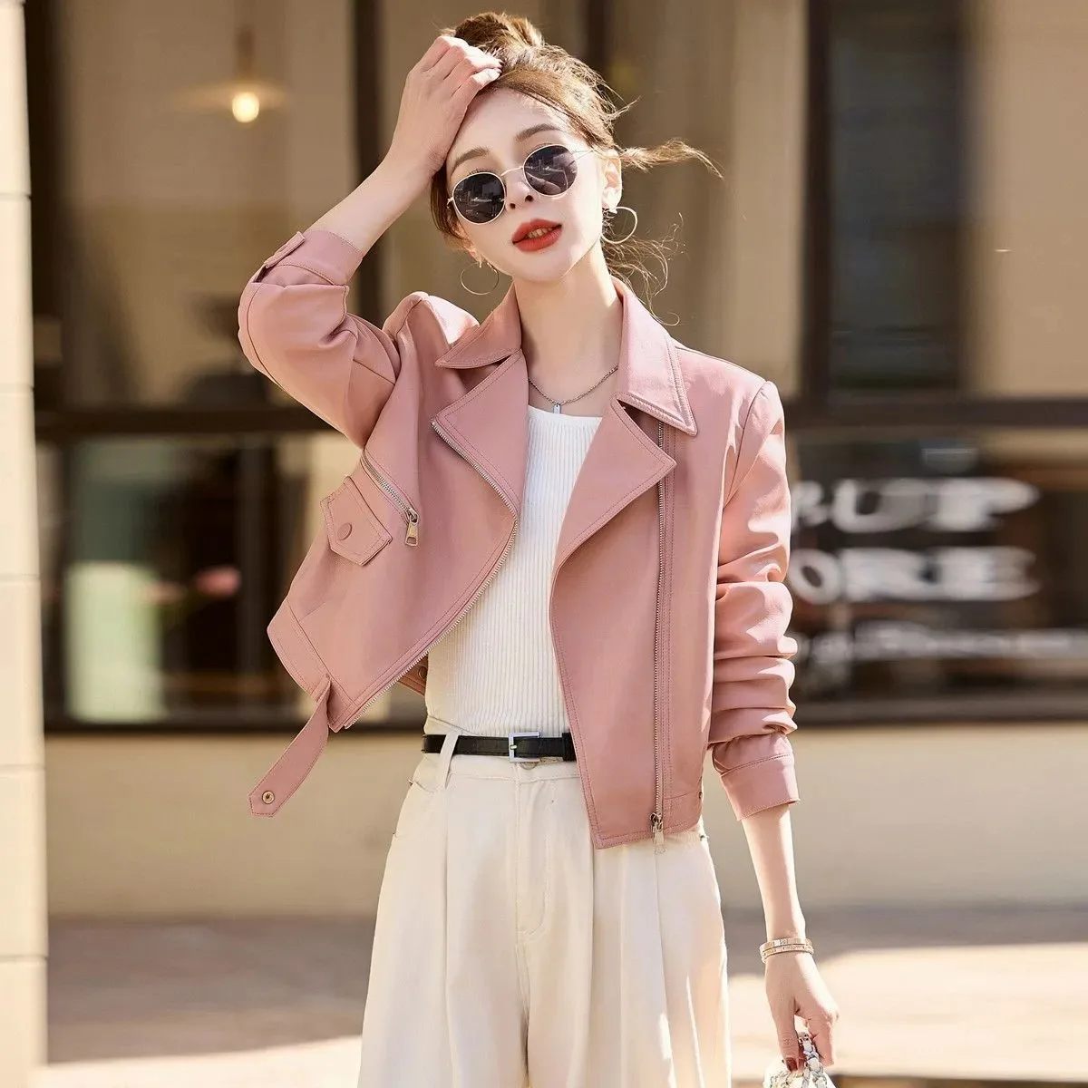 Faionable ort Slim Fit Leather Jaet Women's Outerwear 2025 New Sle Autumn Season Ladies' Coat Sli Motorcycle