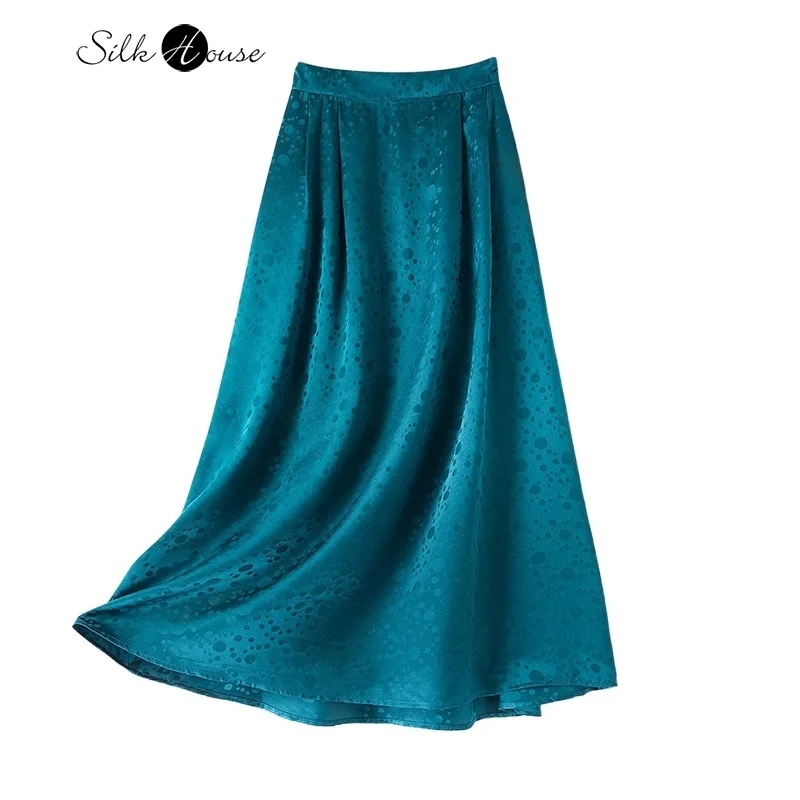 

Silk Sang Bo Satin Polka Dot Half Length Skirt Sang Si Xiao A Skirt Temperament Flat Waist Version High-end Sea Blue