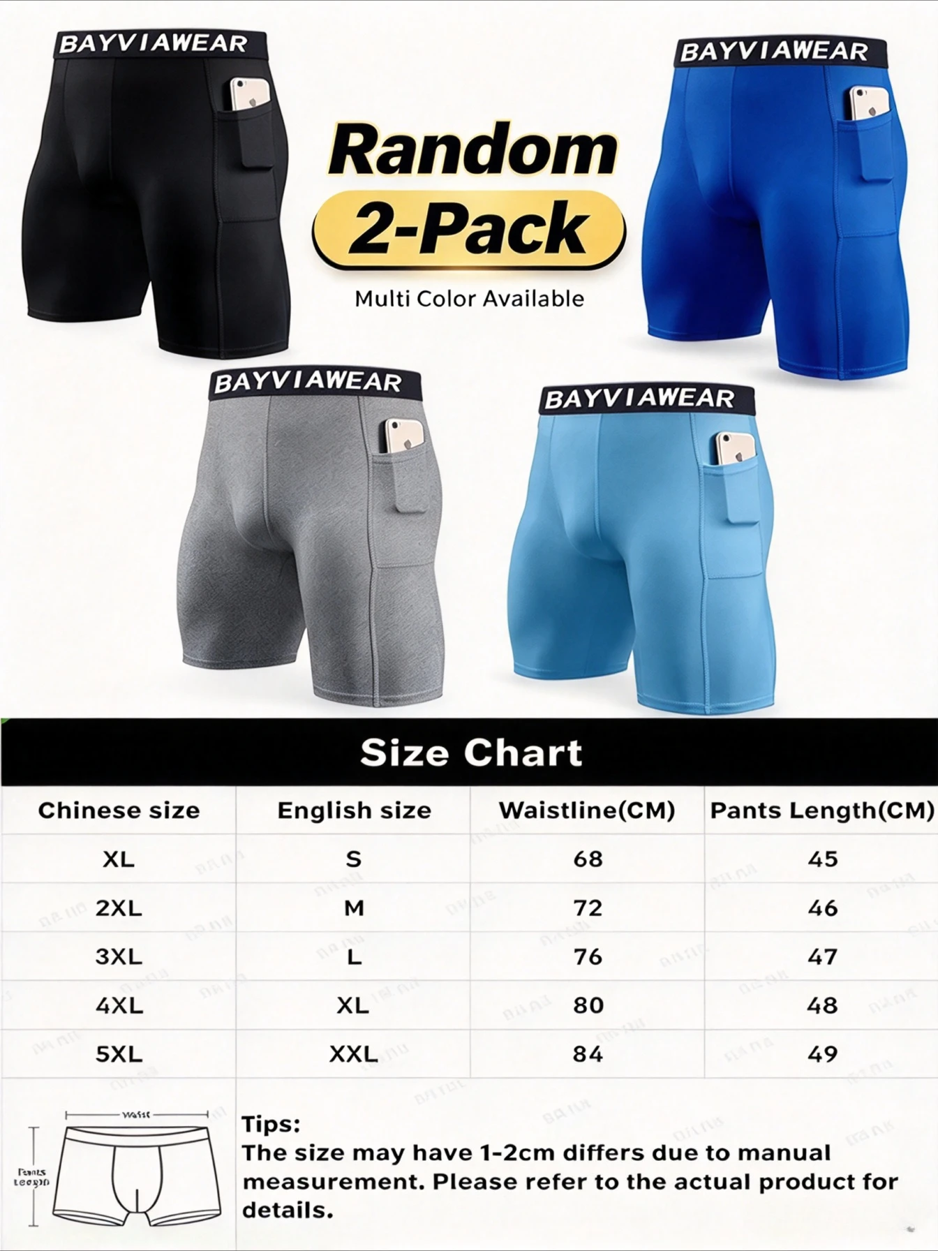 Mens Athletic Long Leg Boxer Brief Random 2Pcs Built-in Phone Pocket Breathable Elastic Waist Sports Underwear Multi Colors