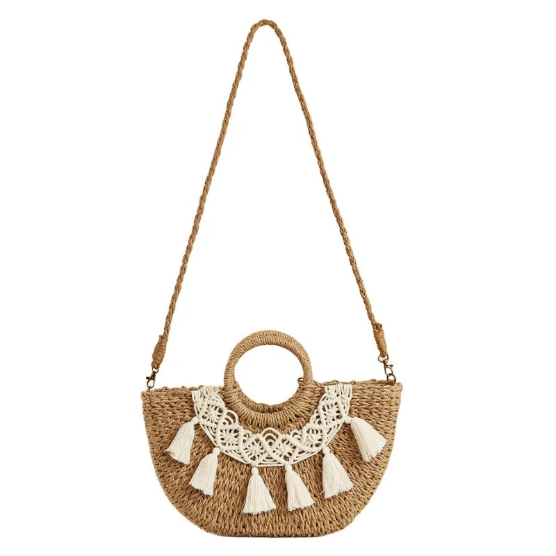 Women\'s Half Moon Shape Straw Bag Simple Hand Woven Paper Rope Tassel Handbag Summer Bohemia Bali Travel  Beach Crossbody Bag