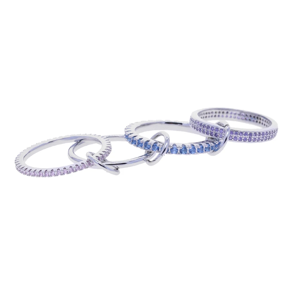 Silver Color Pave AAA Zircon Colorful Link Chain Rings Women Jewelry Designer T Show Club Cocktail Party Rare Japan Korean INS