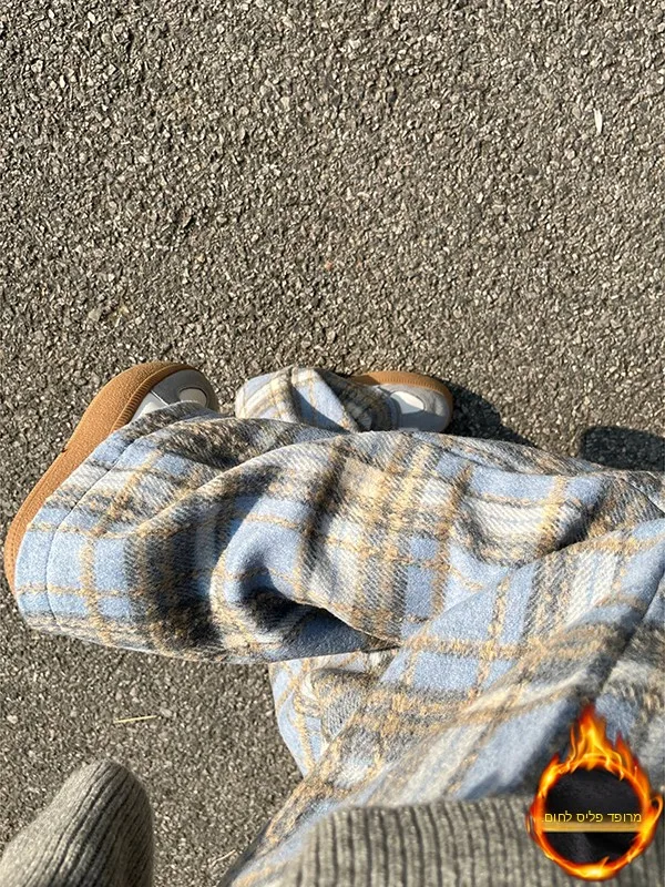 Blue Fleece Lined Thick Plaid Men's Winter Straight Leg Casual Cotton Pants Vintage Loose Wide Leg Trousers Youth Fashion