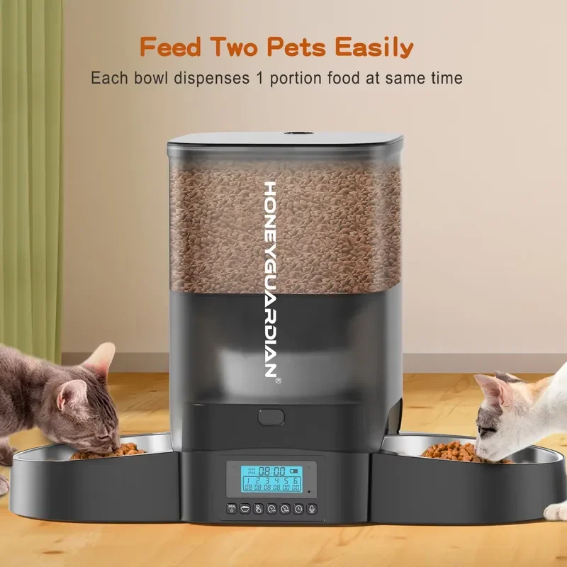 2023 Newest Time & Meal Setting Automatic Pet Feeder Equal Grain Food Dispenser for 2 Cats Dogs 2 Bowls Pet Supply Feeder