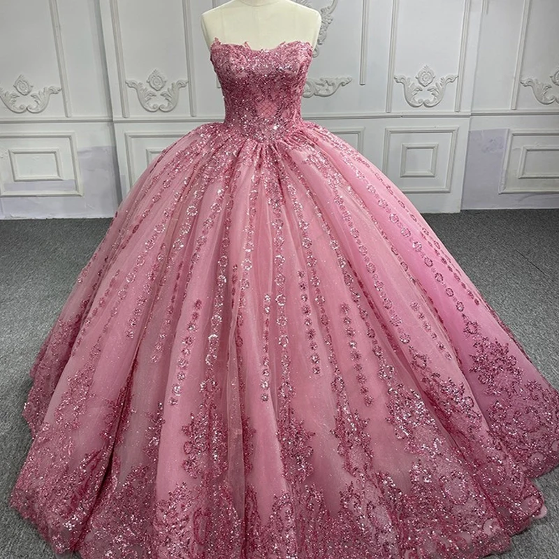 

Pink Shiny Princess Quinceanera Dresses Ball Gown Sequin Appliques Lace Beaads Tull Bride Robe Floor-length Party Bridal Vestido