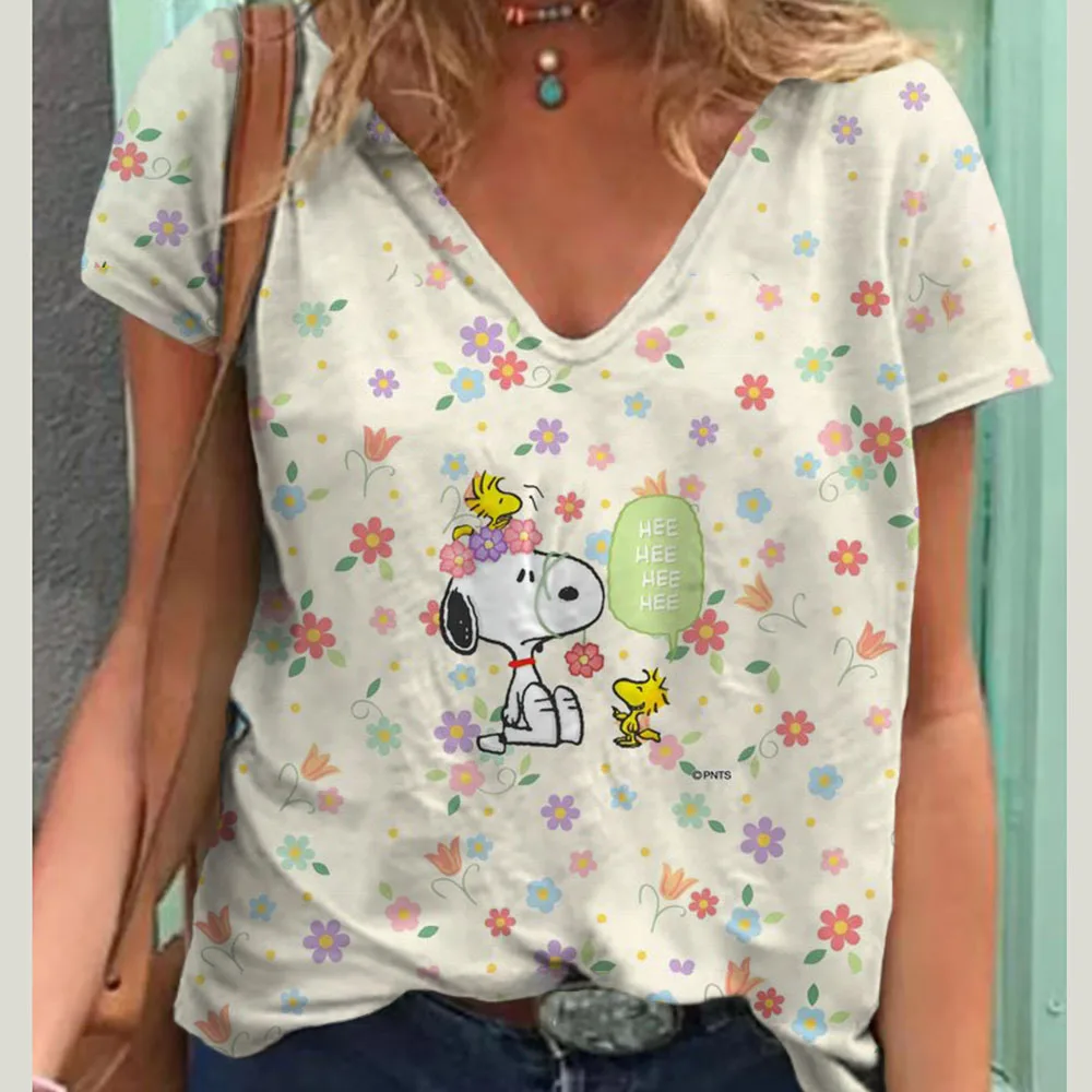 2024 Top Women Snoopy cartoon print Women\'s T-Shirt Oversized T-Shirt Summer Women Clothing V-neck T-shirts Female Fashion