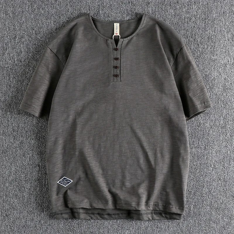 

Летняя однотонная футболка в американском стиле ретро с короткими рукавами и воротником Генри, мужские простые повседневные топы из 100% хлопка с напуском, повседневные топы Tough Guy