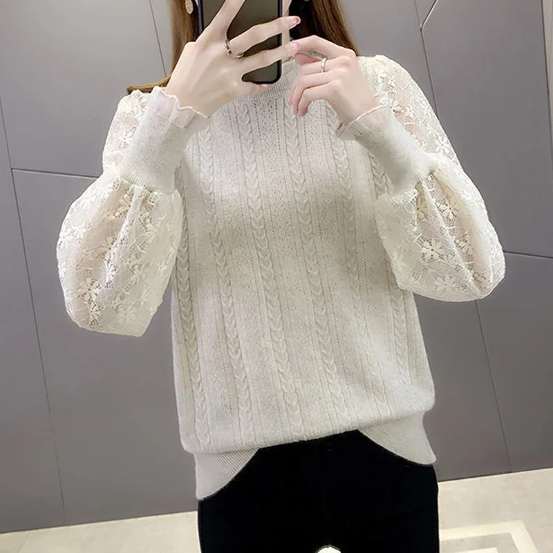 Women Lace Patchwork Chic Long Sleeve Soft Comfortable Knitted Sweater Spring Fall Fashion Solid Slim Pullover Basic Ladies Tops