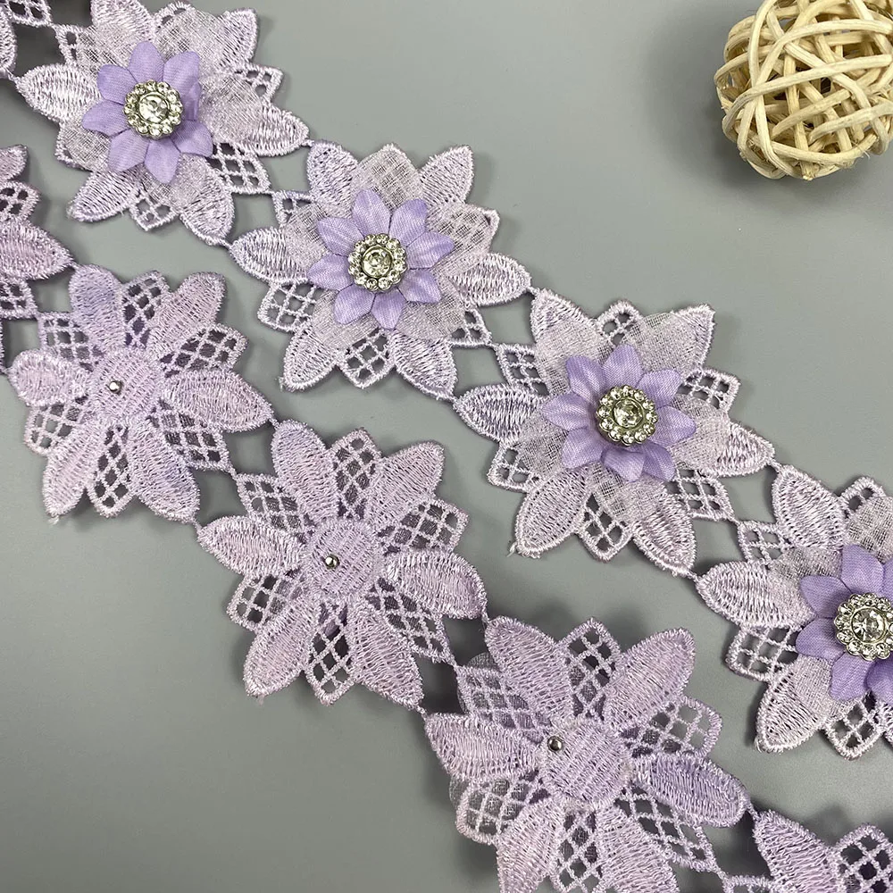 10Pcs Purple Flowers Lace Trim Embroidered Fabric Diamond Sewing Supplies Craft For Costume Clothes Hat Wedding Dress DIY Decor