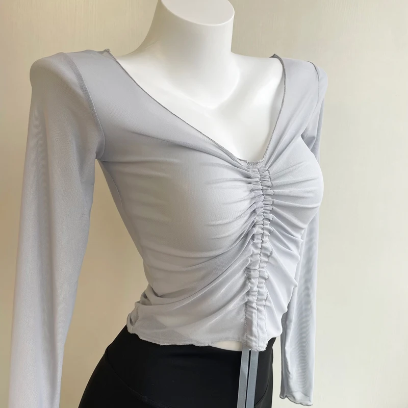 Dance Practice Suit Women Summer V-Ne Me Dstring Cover up Ballet ort Sle Fitn Slimming Sun Protection Top