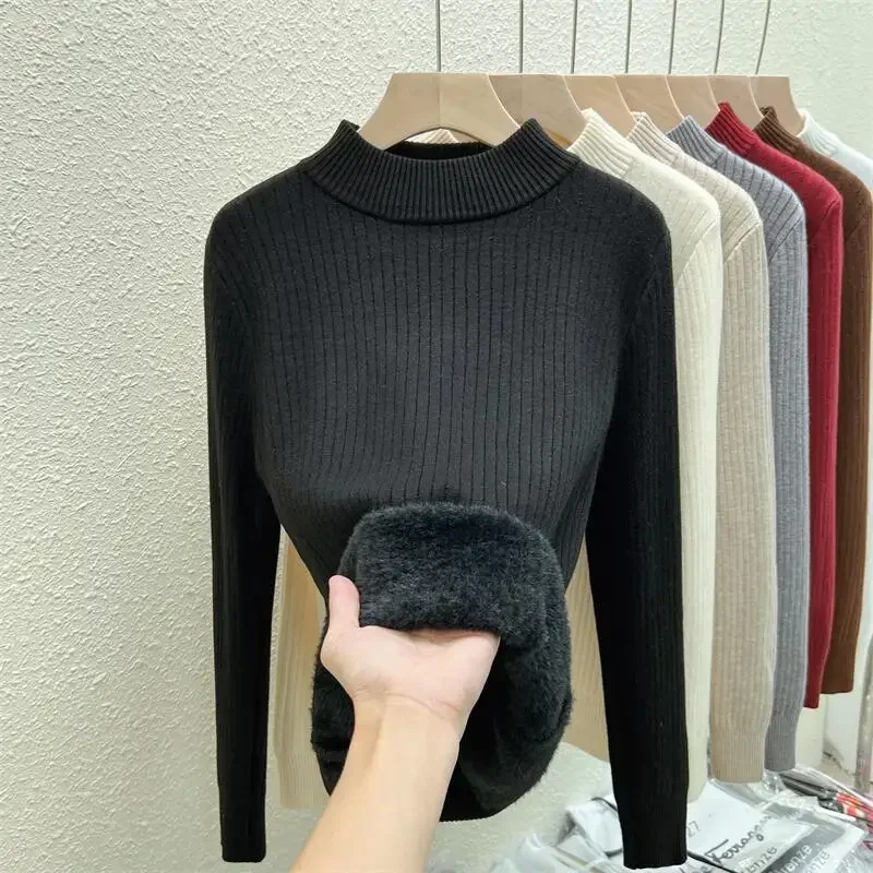 2024 Autumn/Winter White Half High Collar Long Sleeve Sweater Black Thick Soft Knitted Top Women's Warm and Velvet Sweater 31009