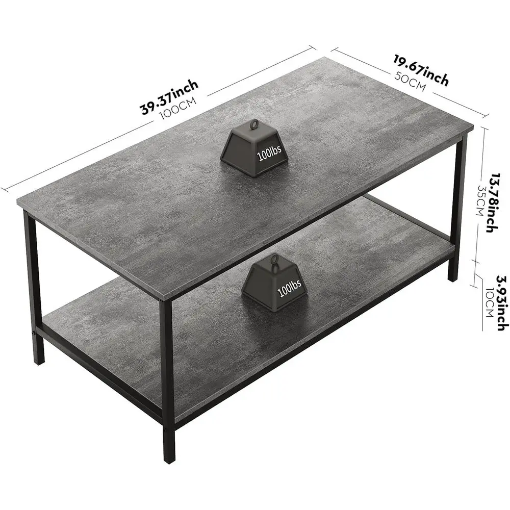 2-Tier Industrial Style Coffee Table with Storage, Rectangular Wooden Center Table for Living Room, Small Space, Concrete Gray F