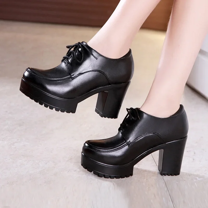 8cm Small Size 32-43 British Deep Mouth Thick Bottom Platform Pumps Winter 2024 Block High Heels Shoes Office Model Oxfords