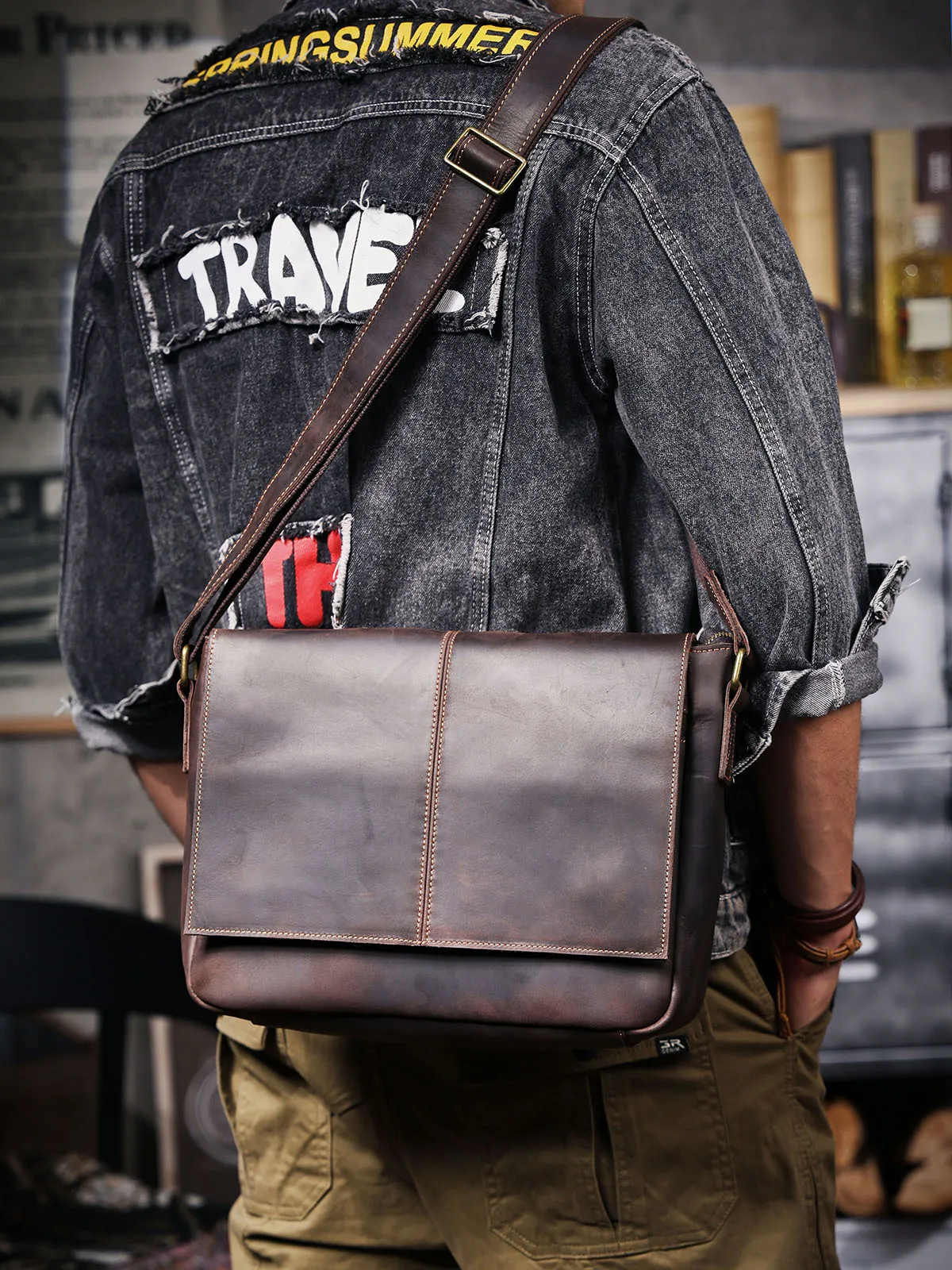 simple vintage handmade crazy horse cowhide men's messenger bag outdoor work commuter genuine leather youth shoulder bag