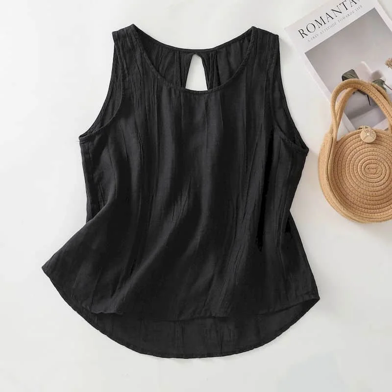 Cotton Linen Vests for Women Summer Minimalism Korean Style Casual Loose Elegant Tanks O-neck Sleeveless T-shirts Women Clothing