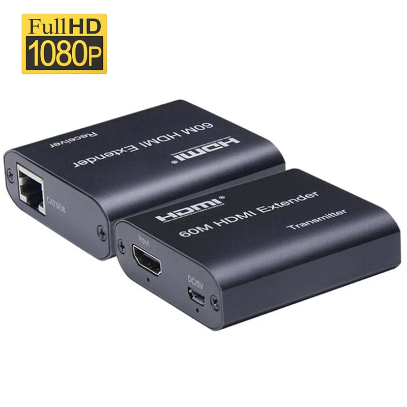 1080P HDMI-compatible Rj45 Extender 60M via Cat5e/6 Cable HDMI Extender with Audio Transmitter Receiver kit for TV PC Laptop NVR