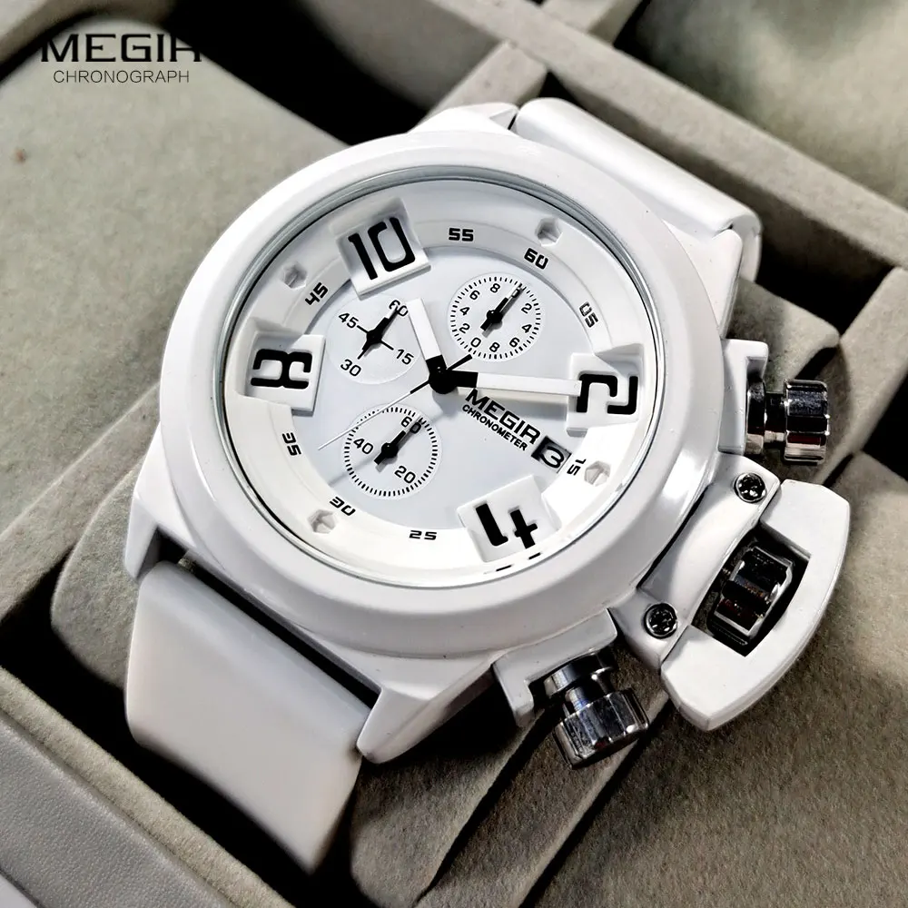 MEGIR Military Sport Uhren Männer Weiß Silikon Strap Chronograph Quarz Armbanduhr mit Auto Datum Wasserdicht Große Gesicht 2002