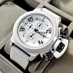 MEGIR – montre de Sport militaire pour hommes, bracelet blanc en Silicone, chronographe à Quartz avec Date automatique, étanche, grand visage, 2002