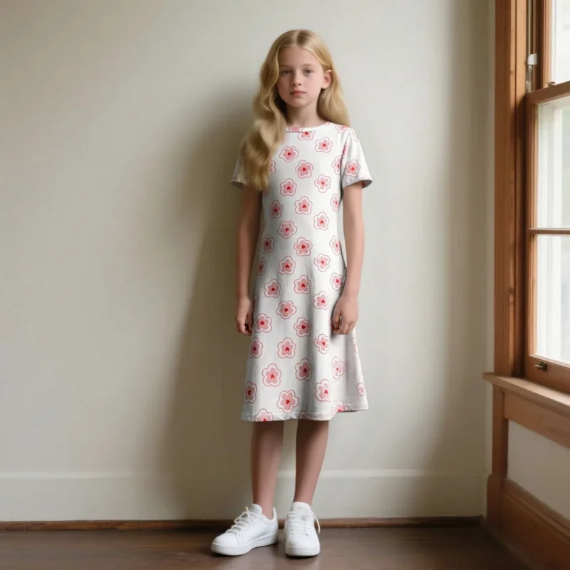 

2026 Girls Fashion Heart Print Short Sleeve Dress