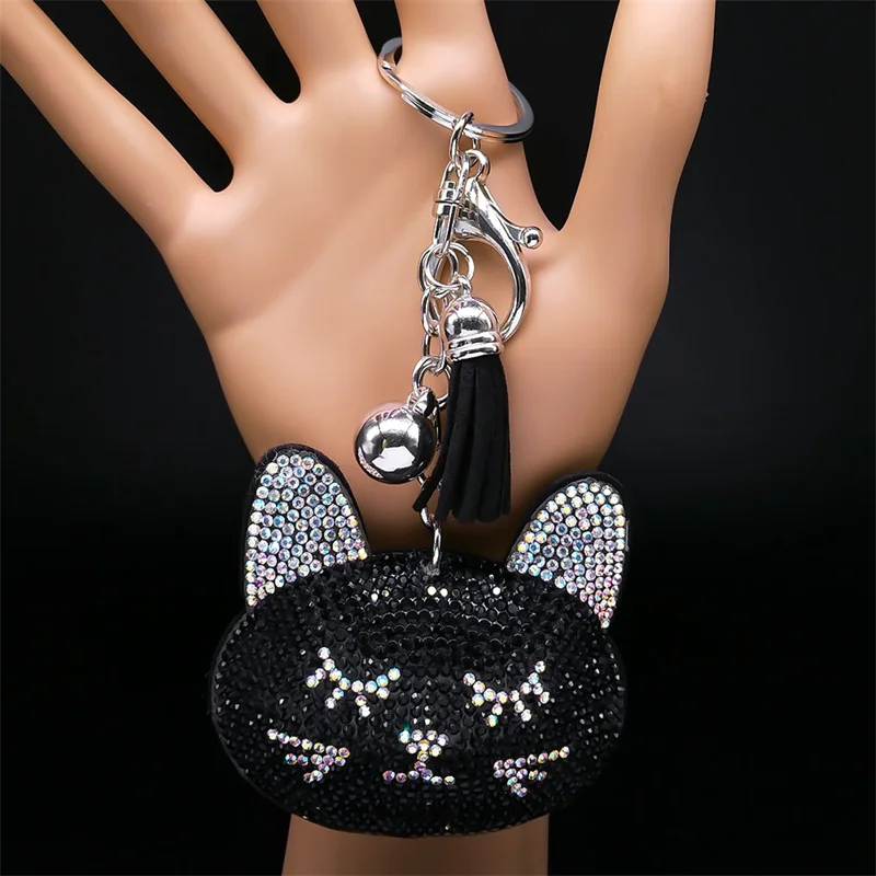 Black Crystal Cat Head Key Chain Women Men Alloy Rhinestone Cute Kitten Pet Keyring Car Bag Jewelry Gifts Accessories KXXXXS03 - view 3