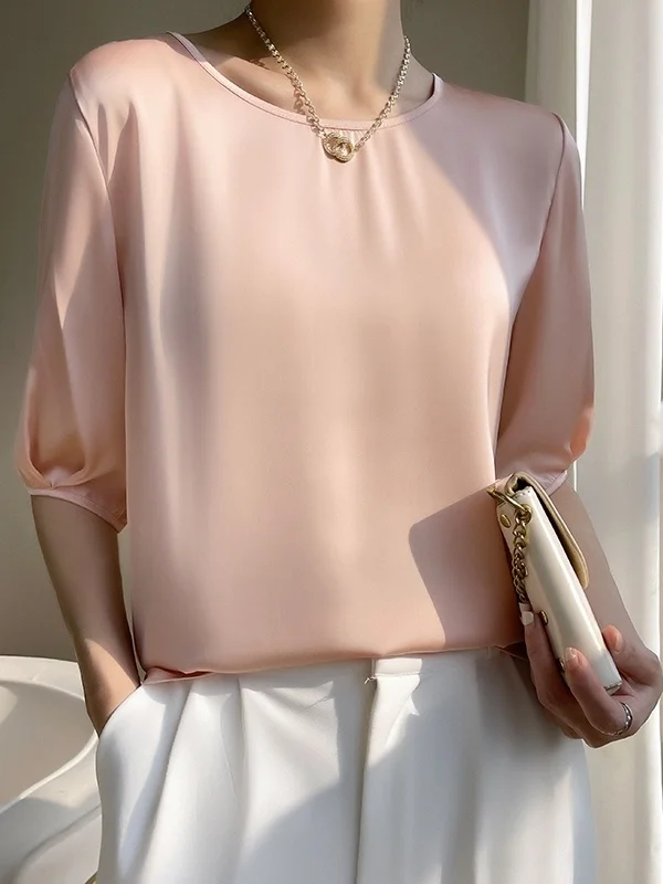 シルクサテンルーズフィットミッドスヴェオルトスヴェ女性のTシャツラウンドネ夏涼感薄手素材韓国Sleトップ