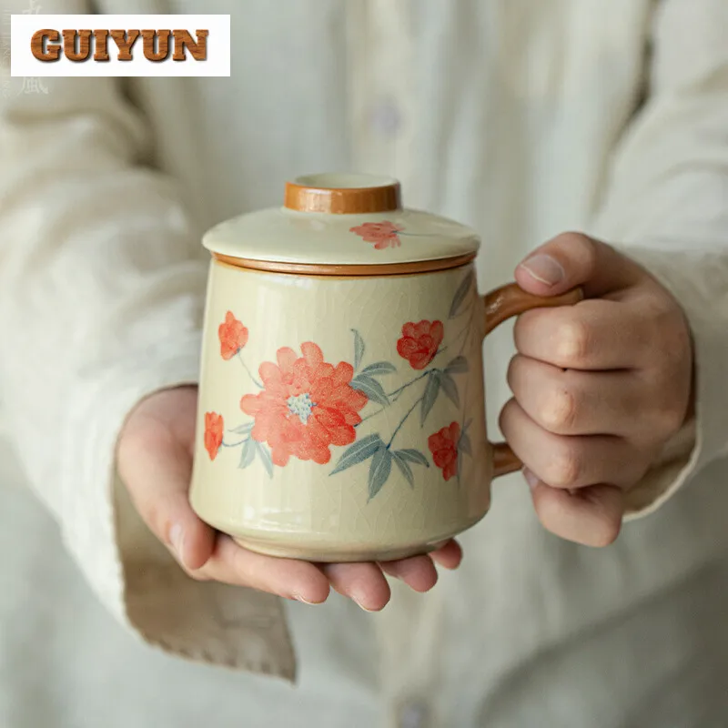 350ml Hand-painted Hibiscus Flower Filter Tea Separator Cup Work Office Mug Household Tea Brewing Personalized Mug Cafes Crafts