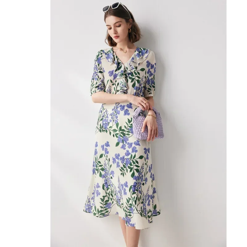 Short-sleeved Silk Dress for Women's 2024 Summer New Floral French Ruffle Edge Waist Double Crepe Mulberry Silk Dress