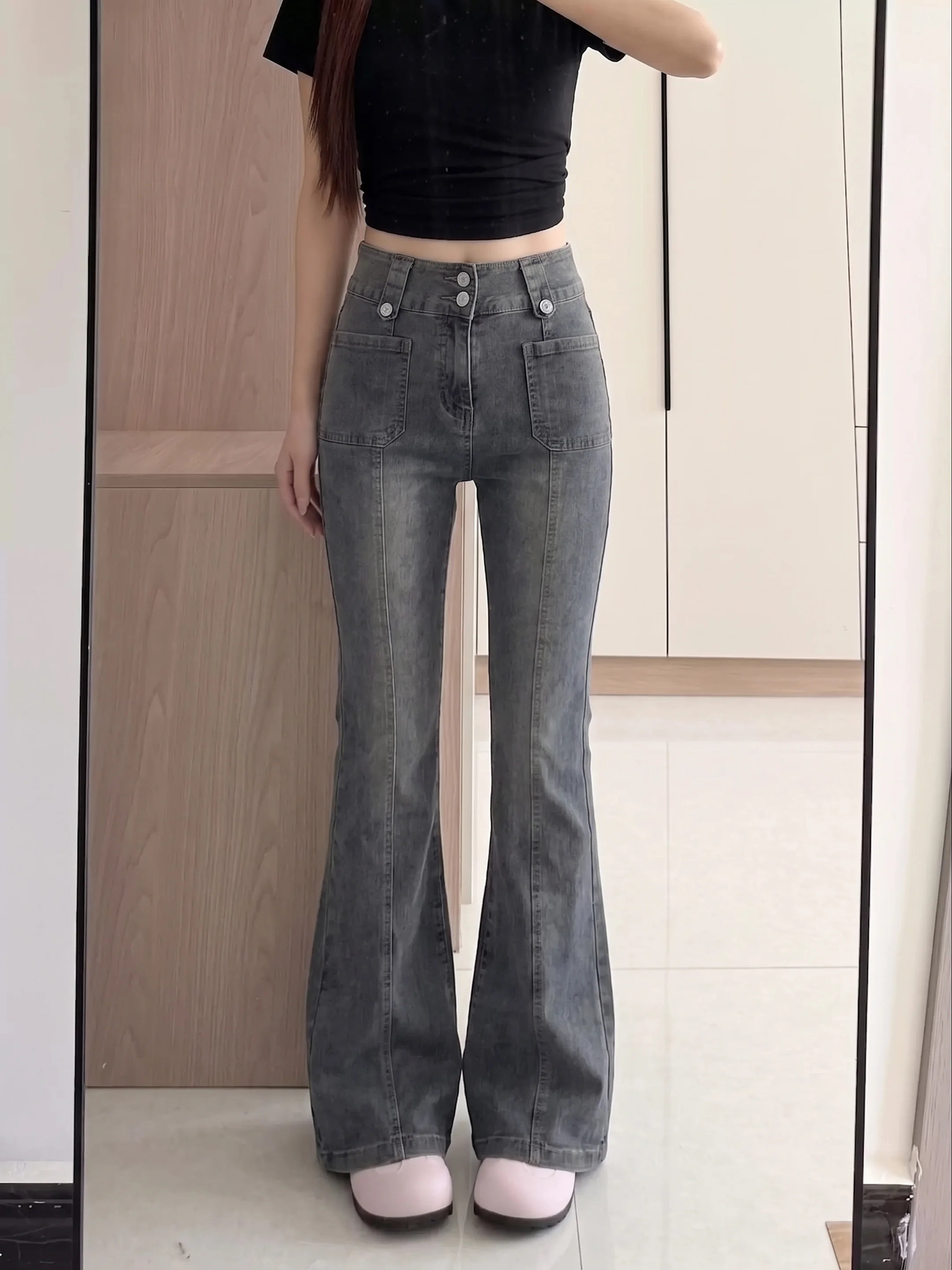 High Waist Washed Grey Denim Jeans Women's Summer 2026 New Style Double Row Button Design Sensation Micro Flared Floor-Length...