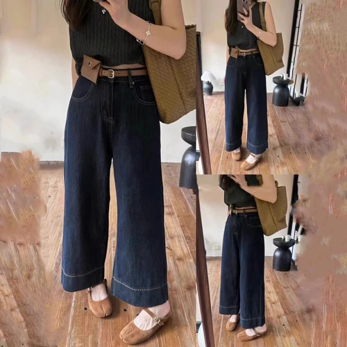 Pantalones vaqueros de pierna recta de talla grande para mujer, pantalones acampanados adelgazantes de otoño, pantalones de moda, longitud de nueve puntos, novedad de 2025