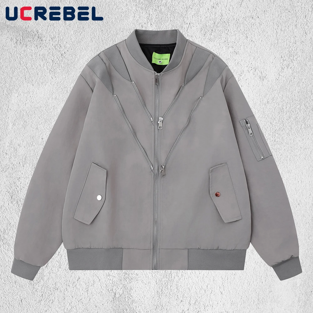 

Zipper Decoration Spliced Jacket Mens Autumn Retro High Street Loose Stand Collar Long Sleeve Ma-1 Bomber Jacket Man