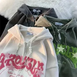 Women Letter Printed Hoodies Autumn Vintage Zip Up Loose  Hooded Sweatshirts Harajuku Y2K Long Sleeve Jacket Clothes