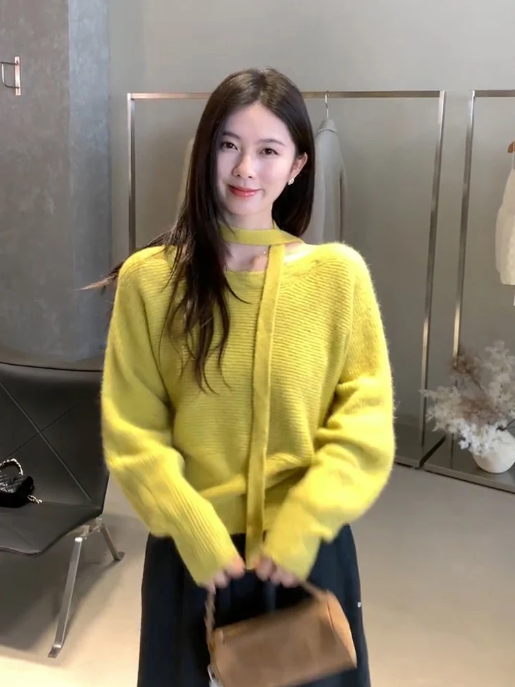 Koreański sweter damski z dzianiny z kołnierzem z futra niedźwiedzia, ocieplany, jesienno-zimowy, warstwa bazowa, sweter z okrągłym dekoltem.